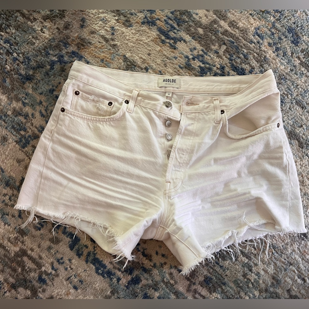 Agolde Parker Long Distressed White Denim Shorts - 30